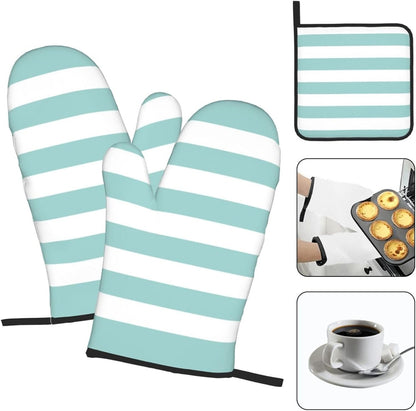 3 Pieces Oven Mitt and Pot Holder Sets, Teal Pink Stripe Striped Oven Mitts Set Heat Resistant Baking Gloves Kitchen Microwave for Cooking, BBQ