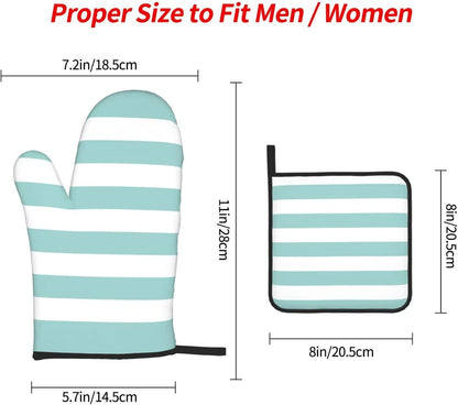 3 Pieces Oven Mitt and Pot Holder Sets, Teal Pink Stripe Striped Oven Mitts Set Heat Resistant Baking Gloves Kitchen Microwave for Cooking, BBQ