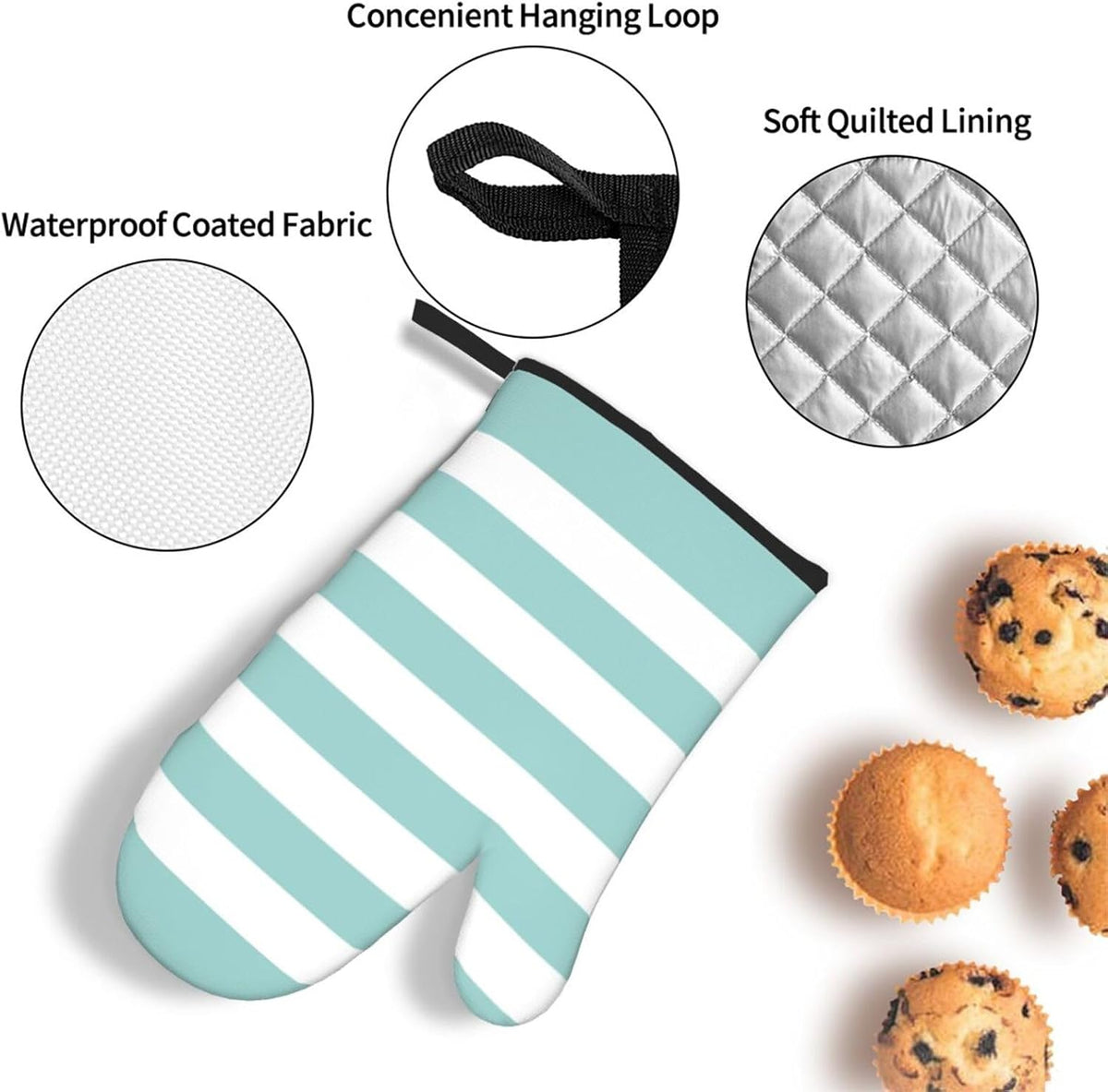 3 Pieces Oven Mitt and Pot Holder Sets, Teal Pink Stripe Striped Oven Mitts Set Heat Resistant Baking Gloves Kitchen Microwave for Cooking, BBQ