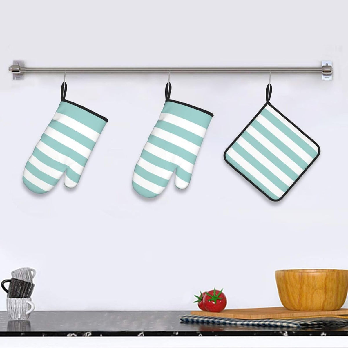 3 Pieces Oven Mitt and Pot Holder Sets, Teal Pink Stripe Striped Oven Mitts Set Heat Resistant Baking Gloves Kitchen Microwave for Cooking, BBQ
