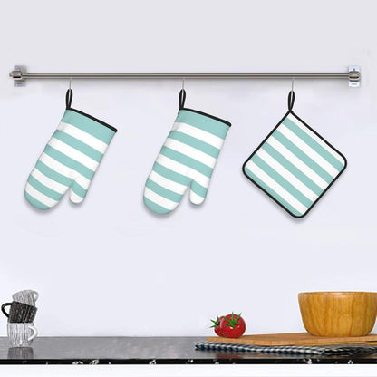 3 Pieces Oven Mitt and Pot Holder Sets, Teal Pink Stripe Striped Oven Mitts Set Heat Resistant Baking Gloves Kitchen Microwave for Cooking, BBQ