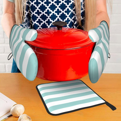 3 Pieces Oven Mitt and Pot Holder Sets, Teal Pink Stripe Striped Oven Mitts Set Heat Resistant Baking Gloves Kitchen Microwave for Cooking, BBQ