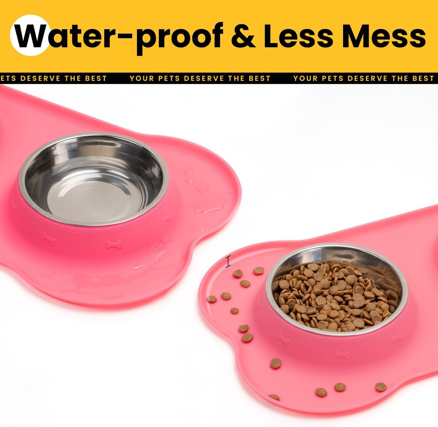 Dog Bowls with Silicone Feeding Mat,No Spill Food Water Dish Set,Dishwasher Safe,2 Stainless Steel Puppy Bowls with Dogs Bandanas,Suitable for Tiny Pets Under 8lbs,Extra Small,Pink