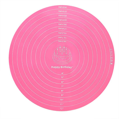 Silicone Cake Mat, 12 Inch Round Silicone Mat, Cake Mat with Measurements, Cake Turntable Mat, Reusable Cookie Mat for Rolling Dough, Non-Stick Heat Resistant, Pastry Baking Pad Pink