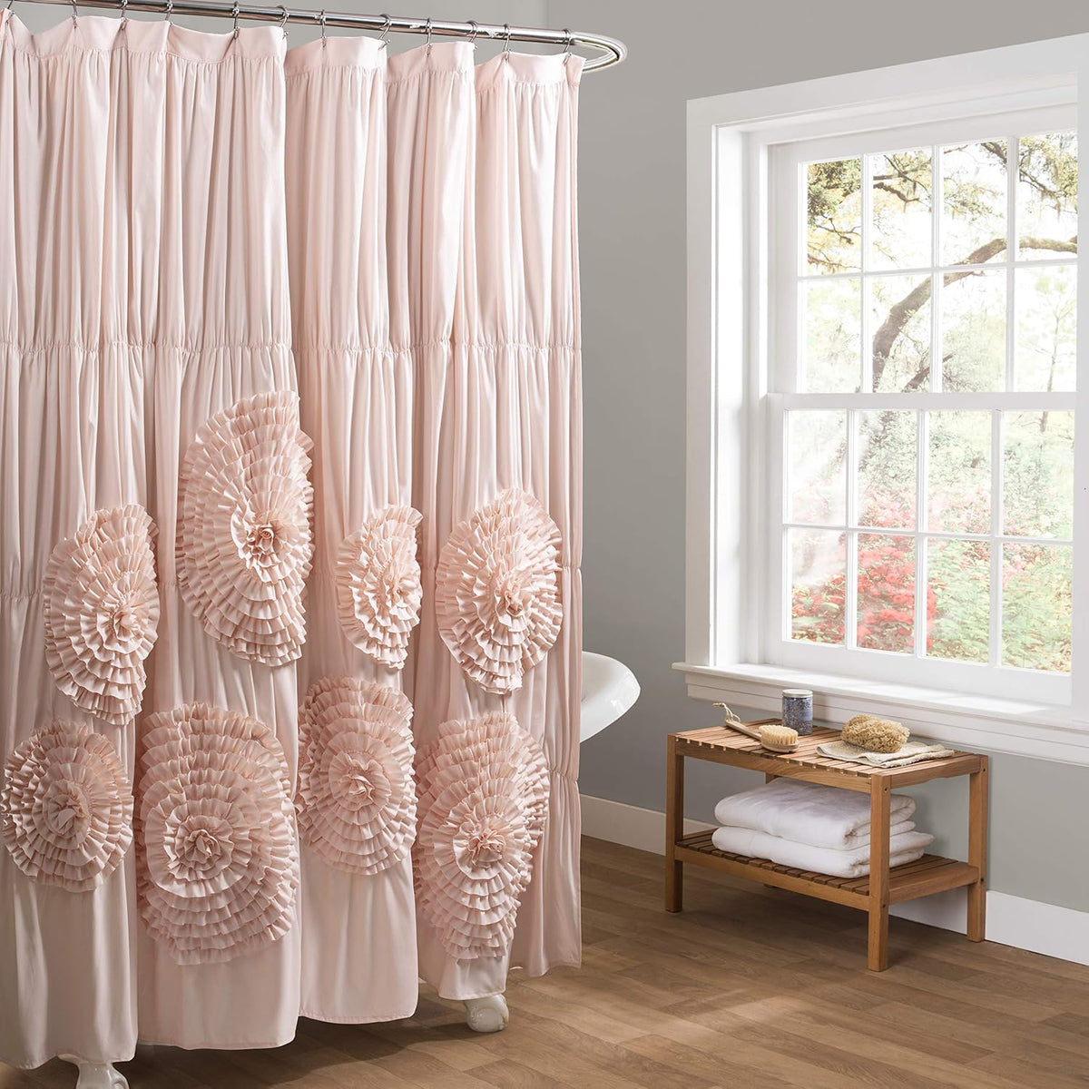 Serena Shower Curtain, 72" W x 72" L, Blush -Ruffled Bathroom Curtain - Pink Fabric Shower Curtains - Coquette Decor