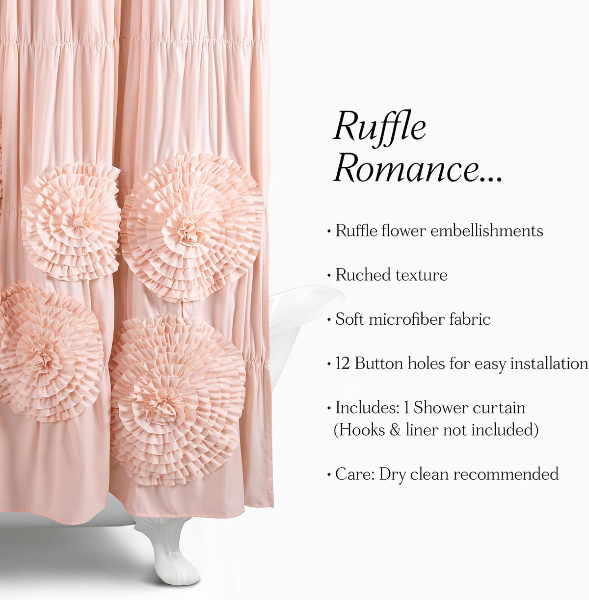 Serena Shower Curtain, 72" W x 72" L, Blush -Ruffled Bathroom Curtain - Pink Fabric Shower Curtains - Coquette Decor