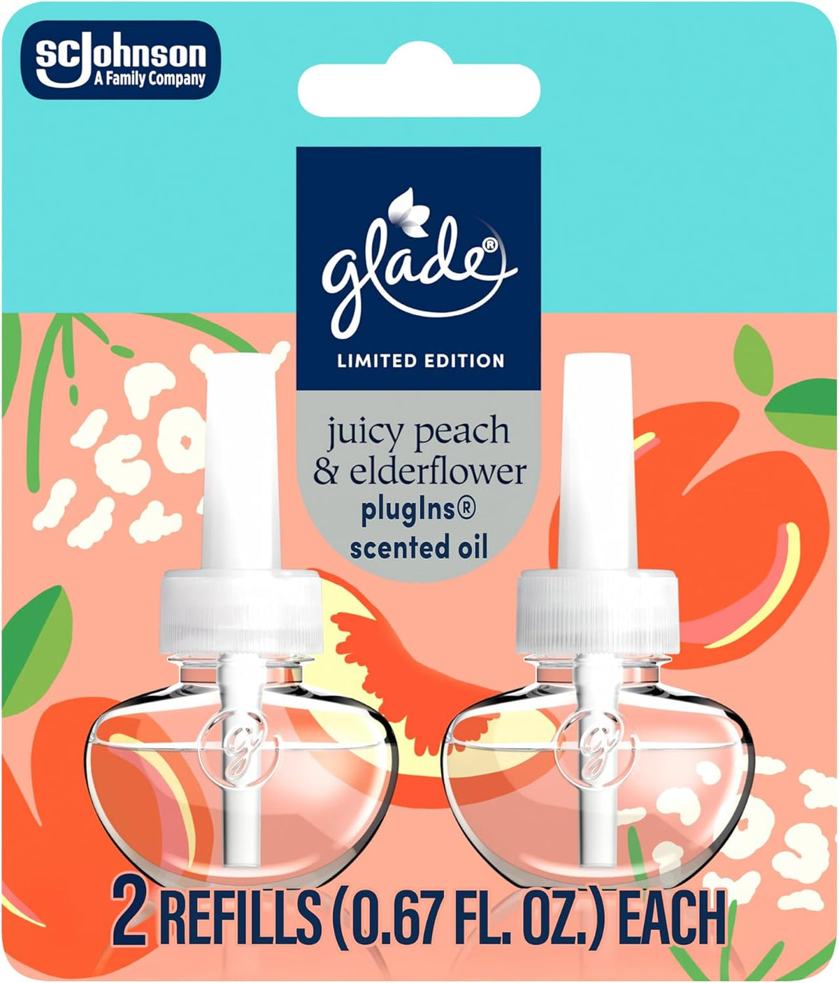PlugIns Refills Air Freshener, Juicy Peach & Elderflower, Scented and Essential Oils for Home and Bathroom, 1.34 Fl Oz, 2 Count