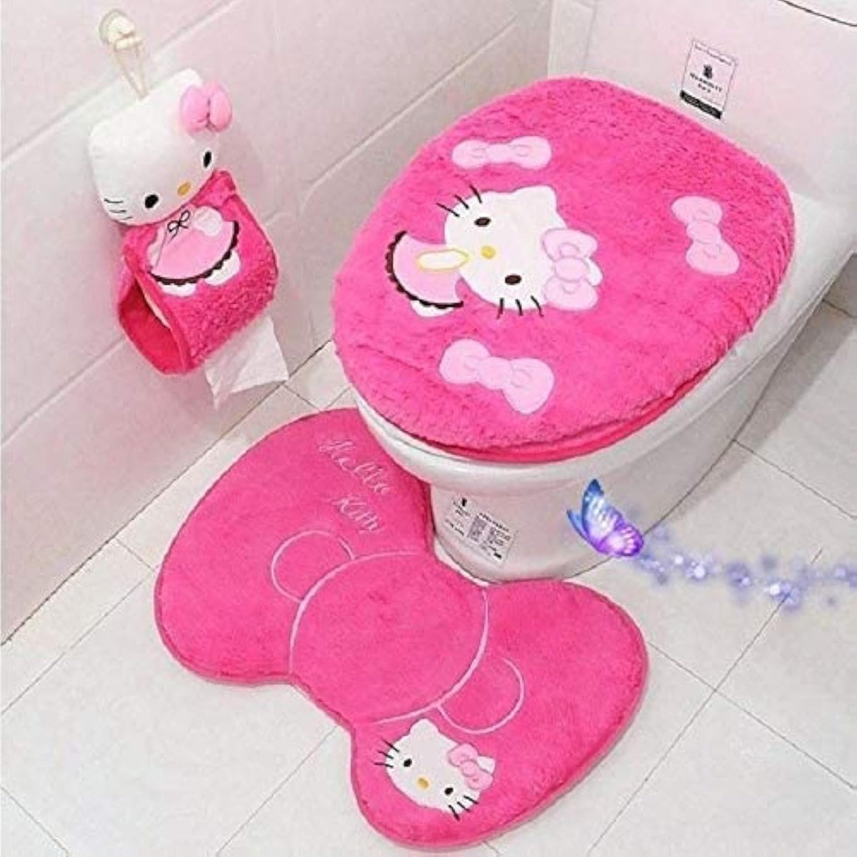 Cute Cartoon Pink 4PCS Bathroom Set Toilet Cover WC Seat Cover Bath Mat Holder Pink/ (Rose Red)