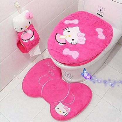 Cute Cartoon Pink 4PCS Bathroom Set Toilet Cover WC Seat Cover Bath Mat Holder Pink/ (Rose Red)
