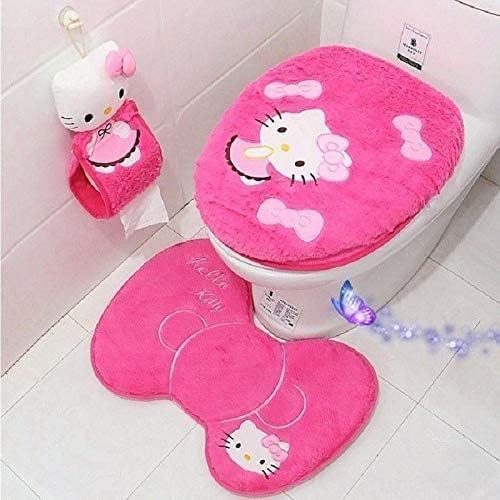 Cute Cartoon Pink 4PCS Bathroom Set Toilet Cover WC Seat Cover Bath Mat Holder Pink/ (Rose Red)