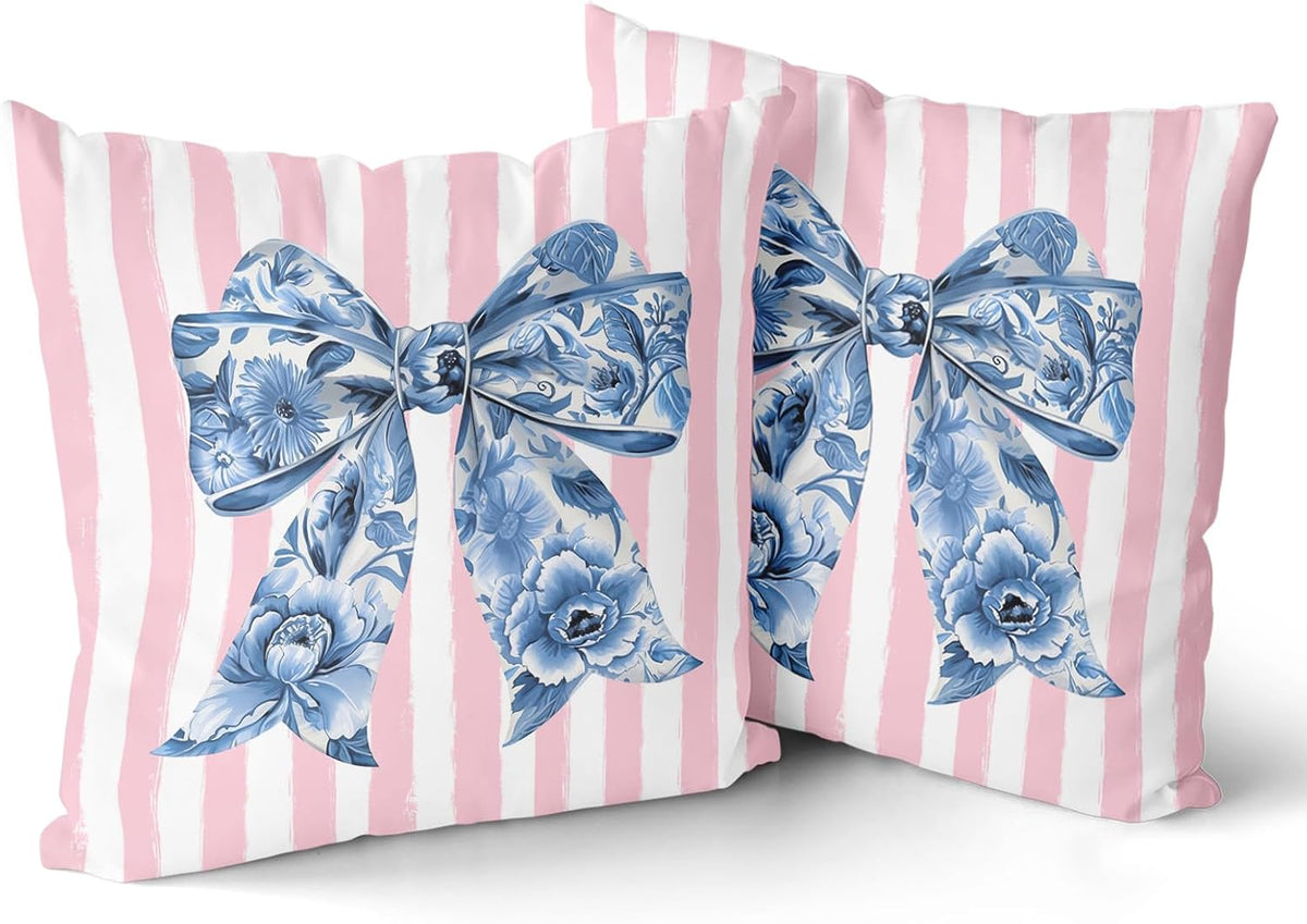 Chinoiserie Bow Pillow Covers 18x18 Inch Set of 2 Blue and Pink Throw Pillow Cases Preppy Girly Room Decor, Double Sided Pattern