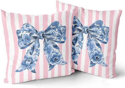 Chinoiserie Bow Pillow Covers 18x18 Inch Set of 2 Blue and Pink Throw Pillow Cases Preppy Girly Room Decor, Double Sided Pattern