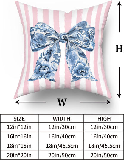 Chinoiserie Bow Pillow Covers 18x18 Inch Set of 2 Blue and Pink Throw Pillow Cases Preppy Girly Room Decor, Double Sided Pattern