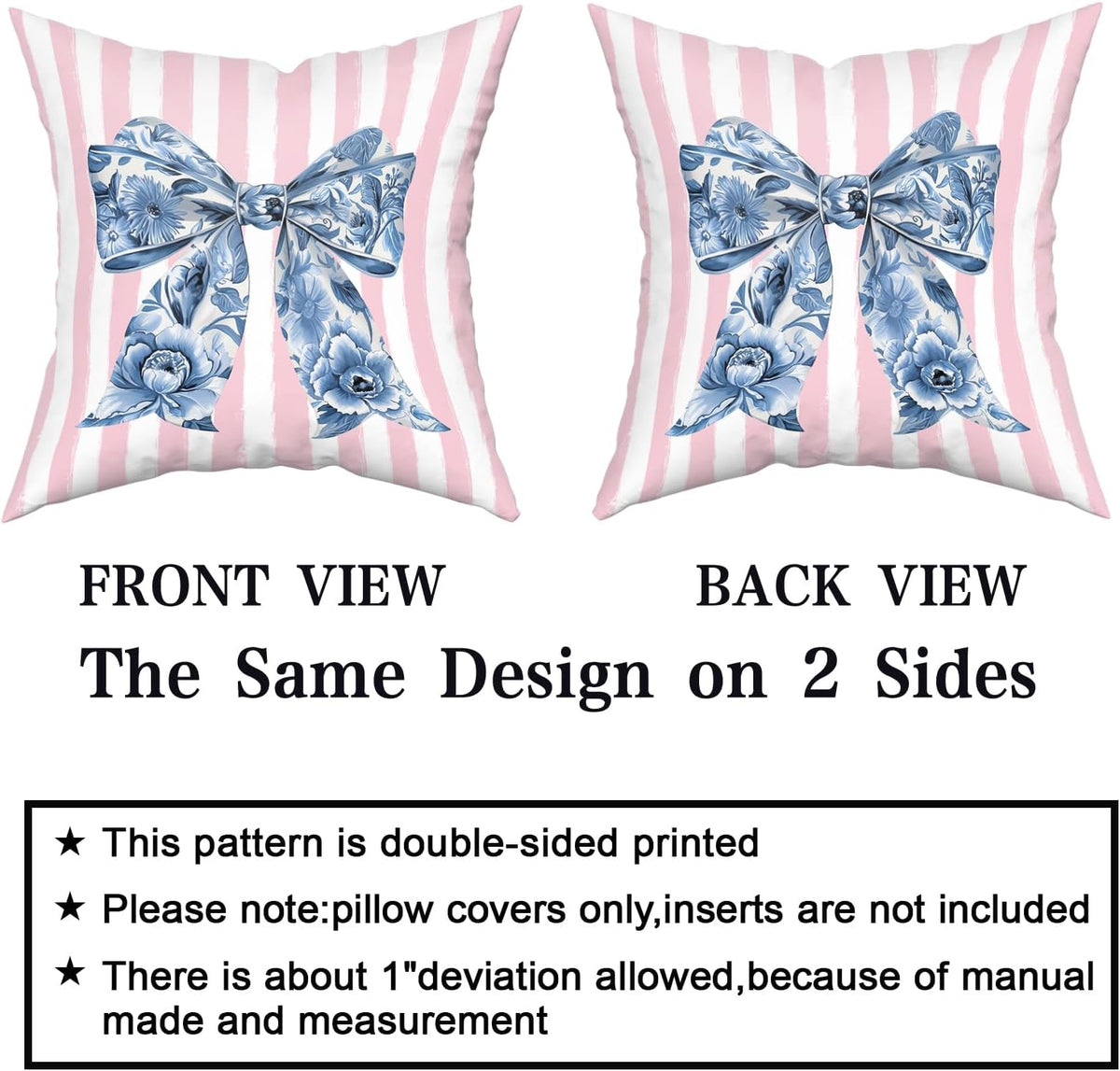 Chinoiserie Bow Pillow Covers 18x18 Inch Set of 2 Blue and Pink Throw Pillow Cases Preppy Girly Room Decor, Double Sided Pattern
