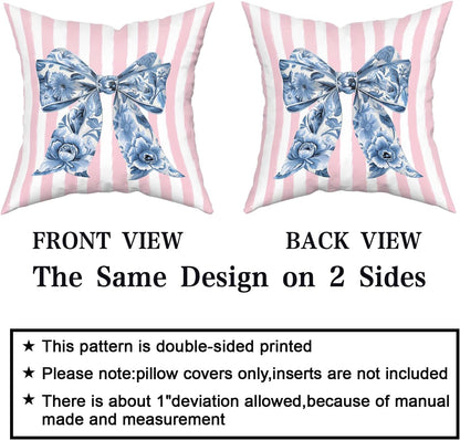 Chinoiserie Bow Pillow Covers 18x18 Inch Set of 2 Blue and Pink Throw Pillow Cases Preppy Girly Room Decor, Double Sided Pattern