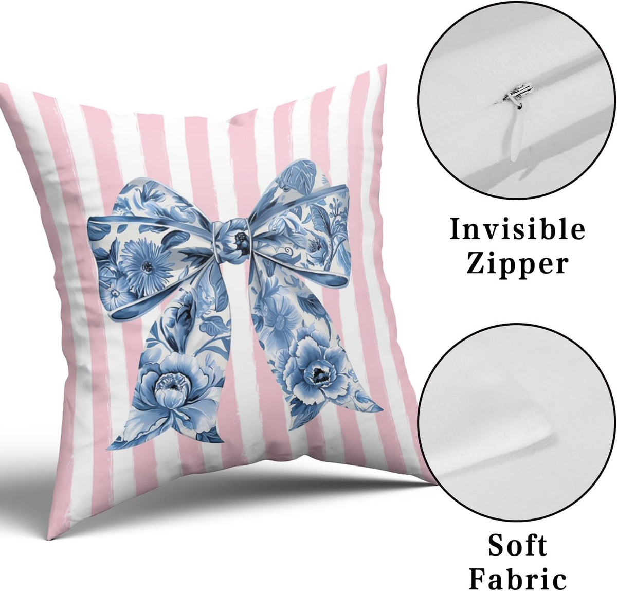 Chinoiserie Bow Pillow Covers 18x18 Inch Set of 2 Blue and Pink Throw Pillow Cases Preppy Girly Room Decor, Double Sided Pattern