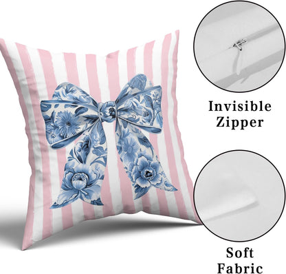 Chinoiserie Bow Pillow Covers 18x18 Inch Set of 2 Blue and Pink Throw Pillow Cases Preppy Girly Room Decor, Double Sided Pattern