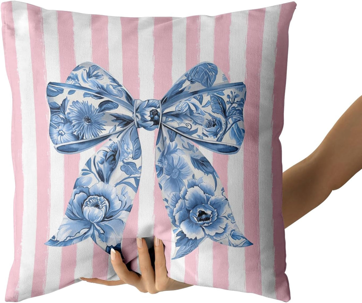 Chinoiserie Bow Pillow Covers 18x18 Inch Set of 2 Blue and Pink Throw Pillow Cases Preppy Girly Room Decor, Double Sided Pattern