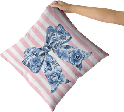 Chinoiserie Bow Pillow Covers 18x18 Inch Set of 2 Blue and Pink Throw Pillow Cases Preppy Girly Room Decor, Double Sided Pattern