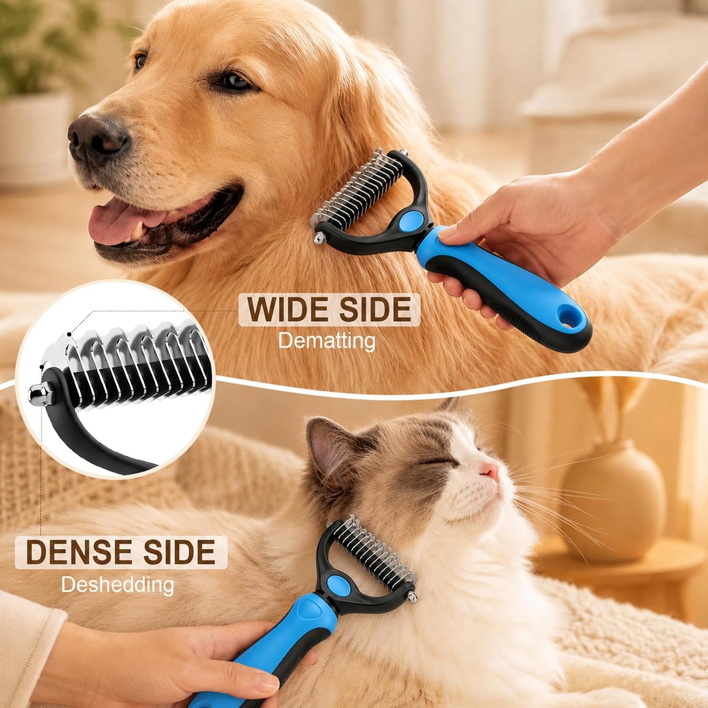 Dematting Comb for Dogs and Cats, Pet Grooming Rake, Double Sided Deshedding Brush for Dogs & Cats, Deshedding Dog Brush Removes Tangles Knots and Loose Fur for Long Haired Pets (Blue+pink)
