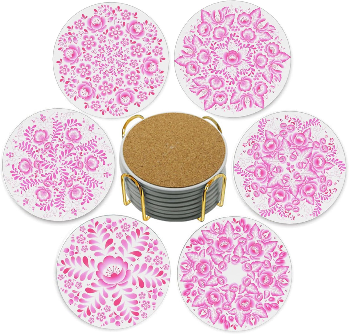 Coasters with Holder,Pink Flower Style Ceramic Drink Coaster, Absorbent Coaster Sets of 6 for Tabletop Protection,Suitable for Kinds of Cups, Wooden Table