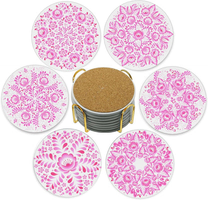 Coasters with Holder,Pink Flower Style Ceramic Drink Coaster, Absorbent Coaster Sets of 6 for Tabletop Protection,Suitable for Kinds of Cups, Wooden Table