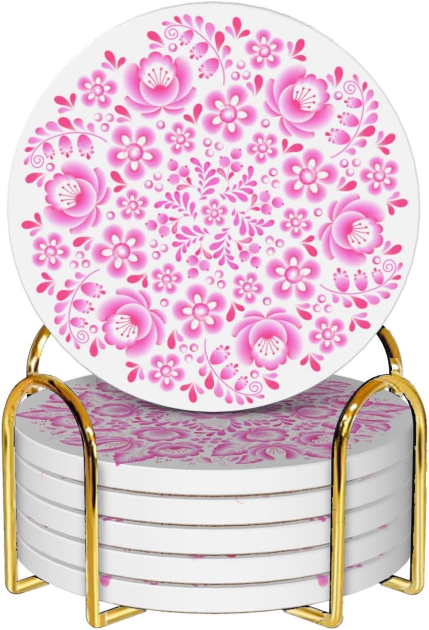 Coasters with Holder,Pink Flower Style Ceramic Drink Coaster, Absorbent Coaster Sets of 6 for Tabletop Protection,Suitable for Kinds of Cups, Wooden Table
