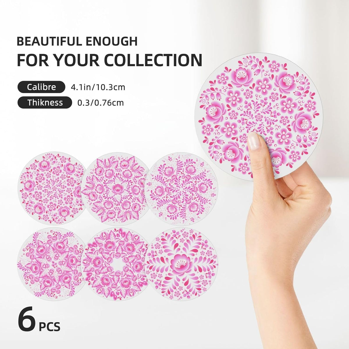 Coasters with Holder,Pink Flower Style Ceramic Drink Coaster, Absorbent Coaster Sets of 6 for Tabletop Protection,Suitable for Kinds of Cups, Wooden Table