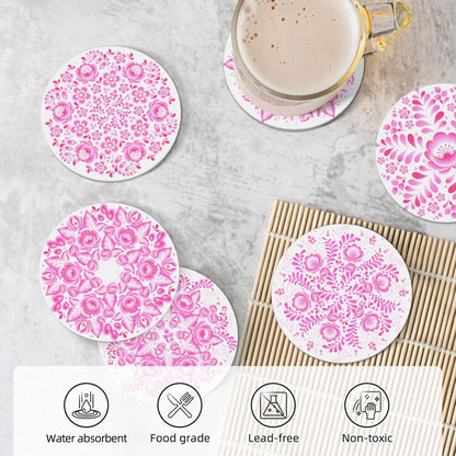 Coasters with Holder,Pink Flower Style Ceramic Drink Coaster, Absorbent Coaster Sets of 6 for Tabletop Protection,Suitable for Kinds of Cups, Wooden Table