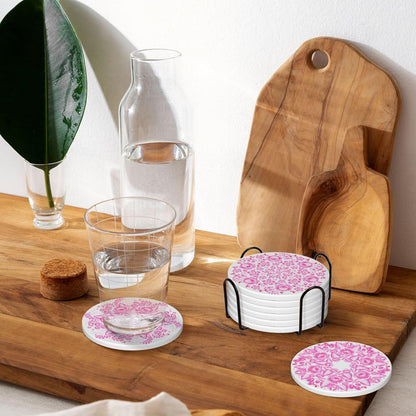 Coasters with Holder,Pink Flower Style Ceramic Drink Coaster, Absorbent Coaster Sets of 6 for Tabletop Protection,Suitable for Kinds of Cups, Wooden Table
