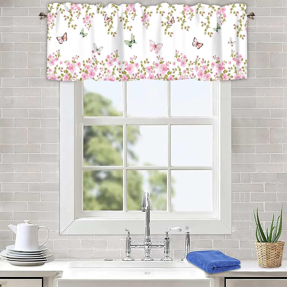 Pink Floral Curtain Valances for Windows 1 Panel, 42x12 in