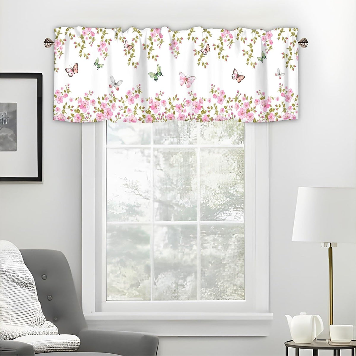 Pink Floral Curtain Valances for Windows 1 Panel, 42x12 in