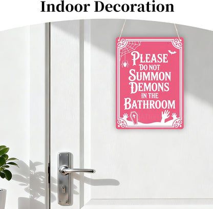 Vintage Gothic Halloween Wooden Hanging Sign Gifts, Witchy Bathroom Indoor Sign for Wall, Pink