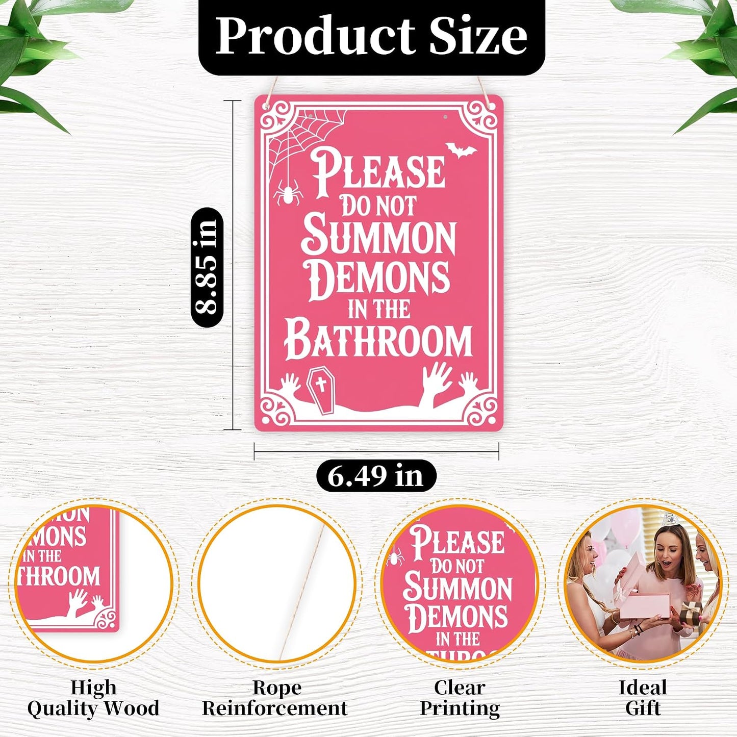 Vintage Gothic Halloween Wooden Hanging Sign Gifts, Witchy Bathroom Indoor Sign for Wall, Pink