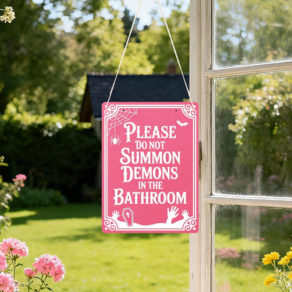 Vintage Gothic Halloween Wooden Hanging Sign Gifts, Witchy Bathroom Indoor Sign for Wall, Pink