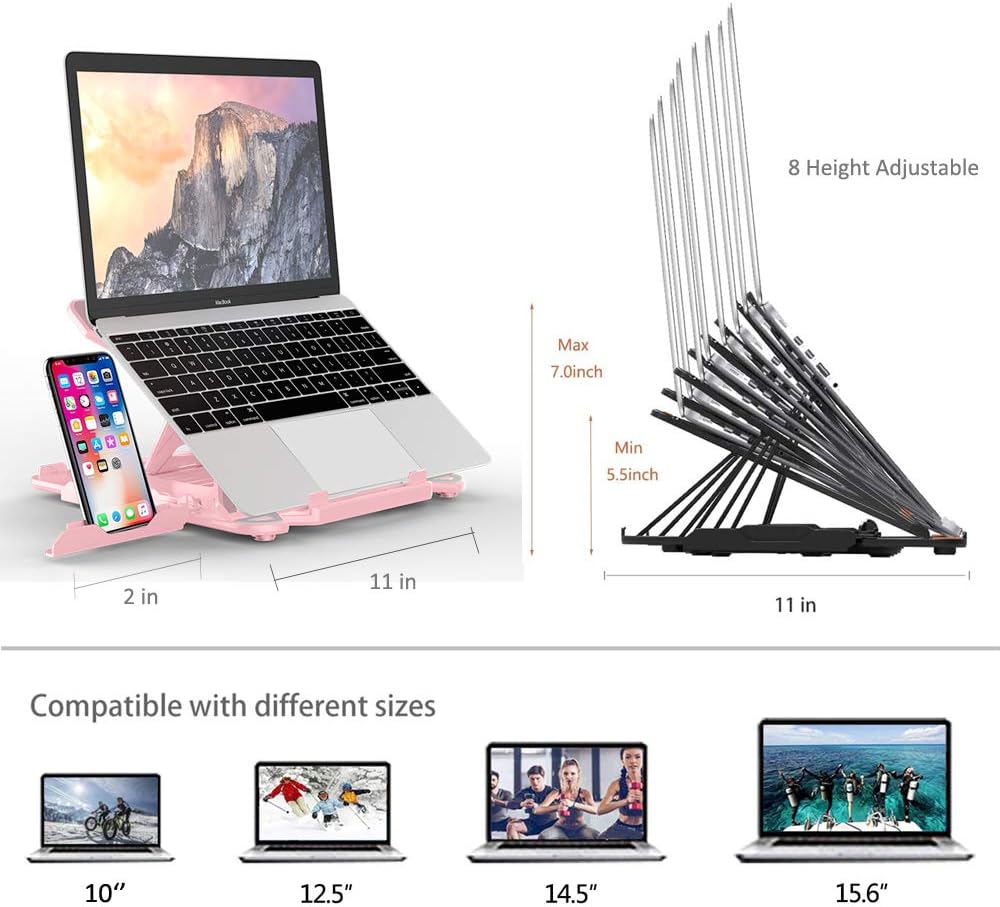 Ergonomic Adjustable Laptop Stand Riser, Portable Notebook Holder Mount for MacBook, Dell, Thinkpad & More 10-15.6" - Pink