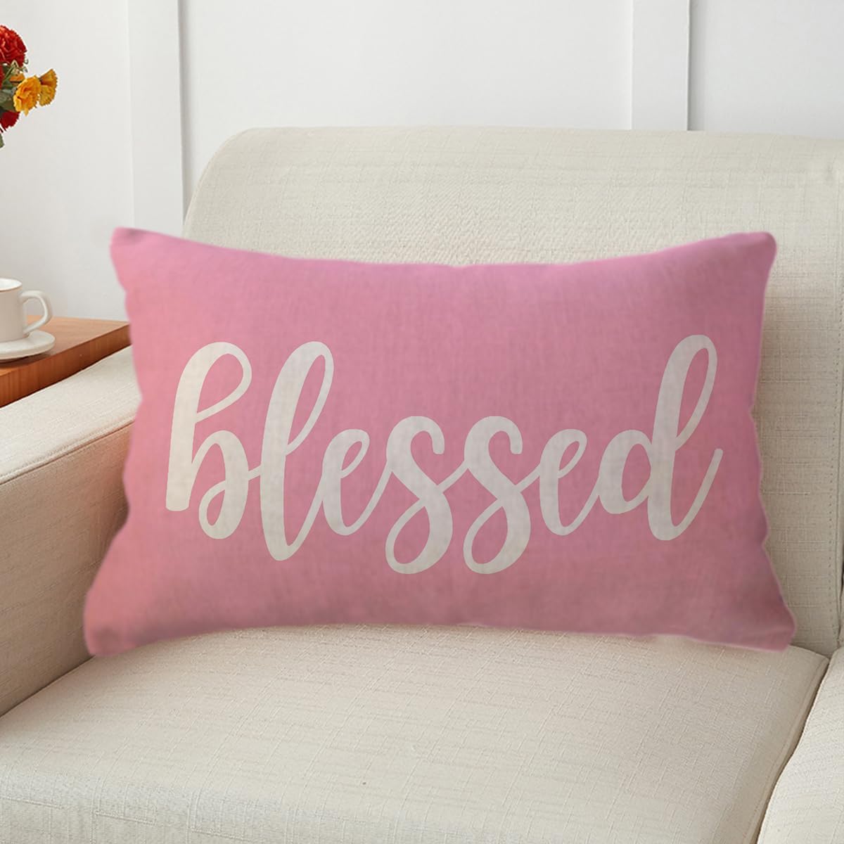 Blessed Lumbar Throw Pillow Covers Farmhouse Rustic Decorative Rectangular/Waist Pillowcases 12 x 20 Inch Front/Porch Decor Cushion Covers Housewarming Gifts (Pink)