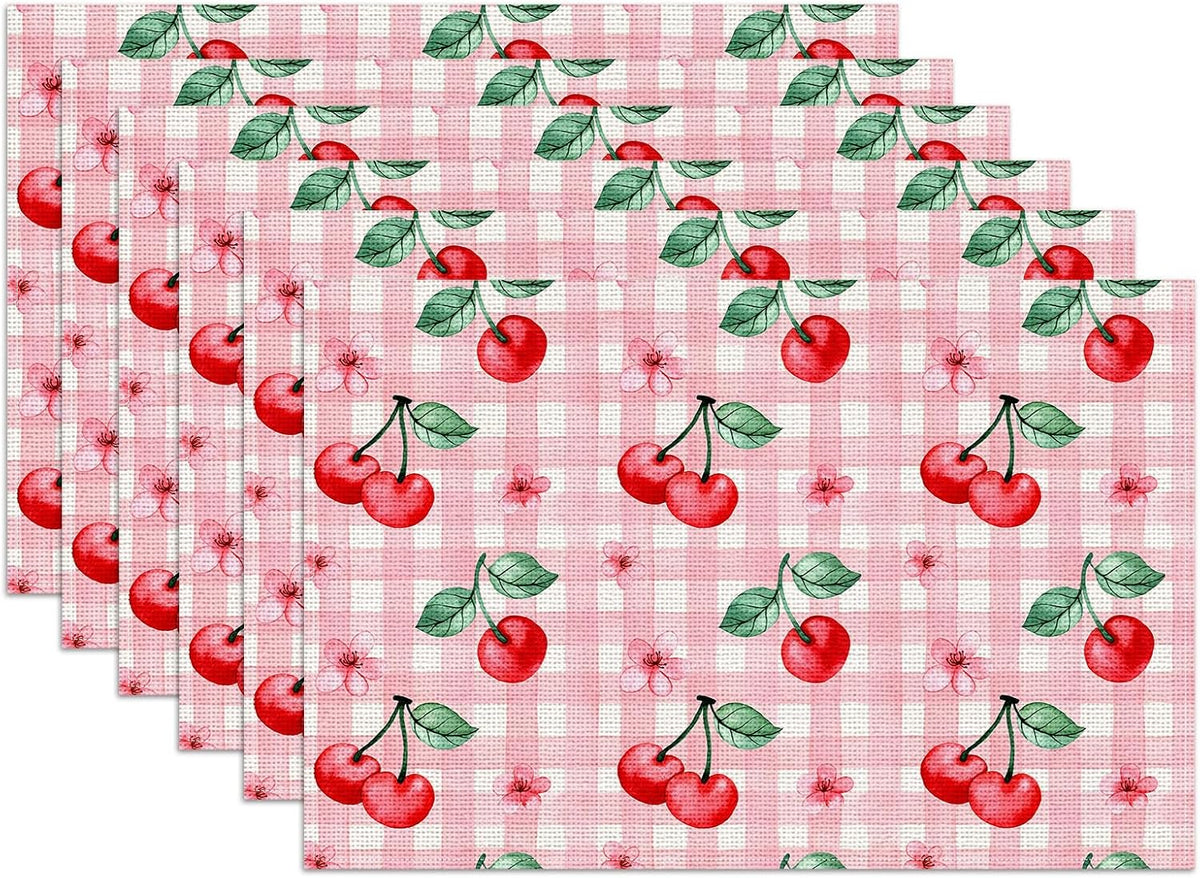 Pink Cherry Spring Flower Placemats Set of 6,12x18 Inch Linen Place Mat Washable Stain Resistant Table Mats for Spring Summer Seasonal Farmhouse Kitchen Party Home Decor
