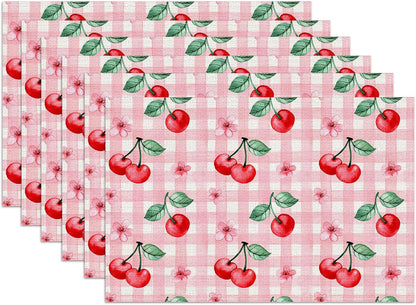 Pink Cherry Spring Flower Placemats Set of 6,12x18 Inch Linen Place Mat Washable Stain Resistant Table Mats for Spring Summer Seasonal Farmhouse Kitchen Party Home Decor