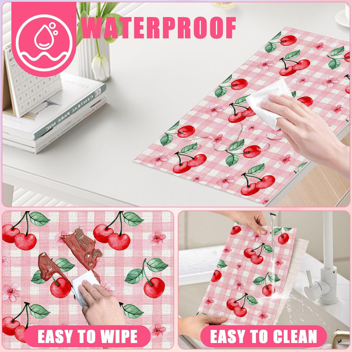 Pink Cherry Spring Flower Placemats Set of 6,12x18 Inch Linen Place Mat Washable Stain Resistant Table Mats for Spring Summer Seasonal Farmhouse Kitchen Party Home Decor