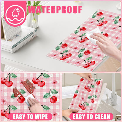 Pink Cherry Spring Flower Placemats Set of 6,12x18 Inch Linen Place Mat Washable Stain Resistant Table Mats for Spring Summer Seasonal Farmhouse Kitchen Party Home Decor