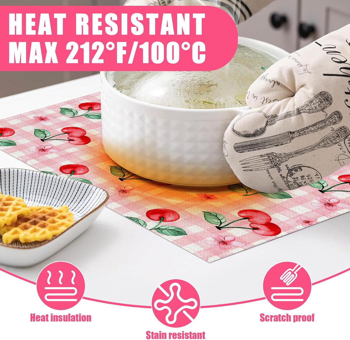 Pink Cherry Spring Flower Placemats Set of 6,12x18 Inch Linen Place Mat Washable Stain Resistant Table Mats for Spring Summer Seasonal Farmhouse Kitchen Party Home Decor