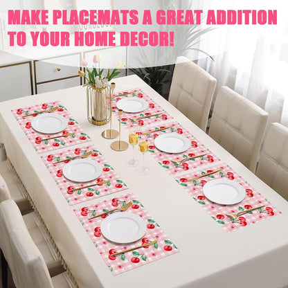 Pink Cherry Spring Flower Placemats Set of 6,12x18 Inch Linen Place Mat Washable Stain Resistant Table Mats for Spring Summer Seasonal Farmhouse Kitchen Party Home Decor