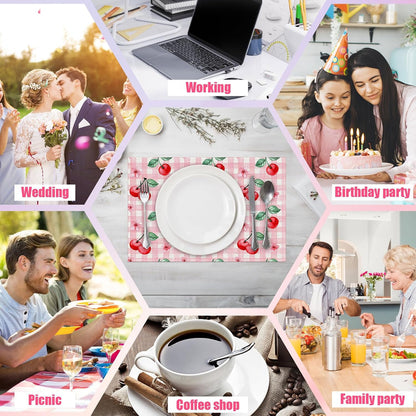 Pink Cherry Spring Flower Placemats Set of 6,12x18 Inch Linen Place Mat Washable Stain Resistant Table Mats for Spring Summer Seasonal Farmhouse Kitchen Party Home Decor
