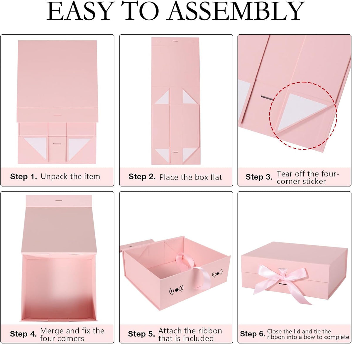 LFBOX Pink Gift Box with Ribbon Magnetic Lids 2 Pack