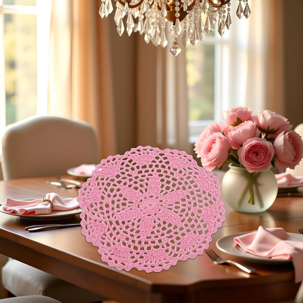 Pink Round Lace Doily Placemat Hand Crochet Floral Table Mat Home Accessories Place Mats Kitchen and Table Linens