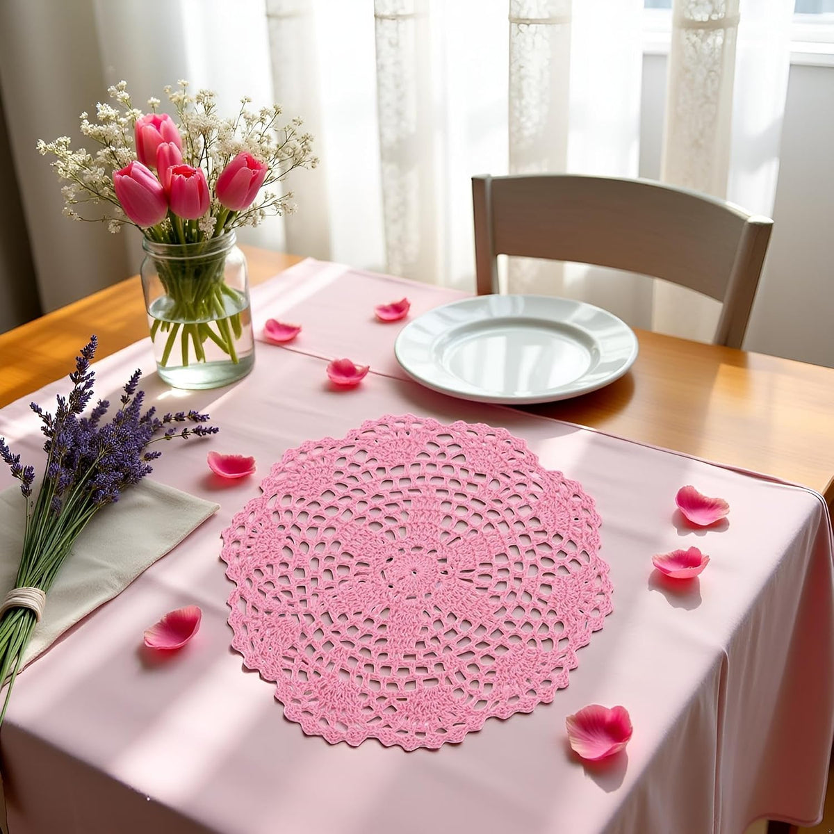 Pink Round Lace Doily Placemat Hand Crochet Floral Table Mat Home Accessories Place Mats Kitchen and Table Linens