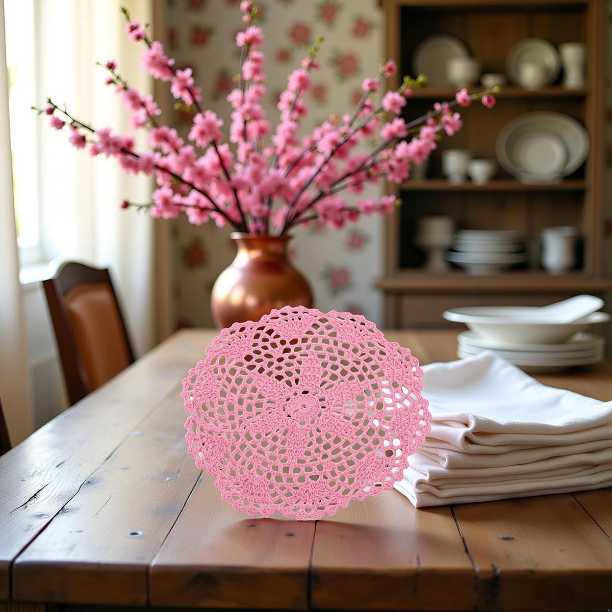 Pink Round Lace Doily Placemat Hand Crochet Floral Table Mat Home Accessories Place Mats Kitchen and Table Linens