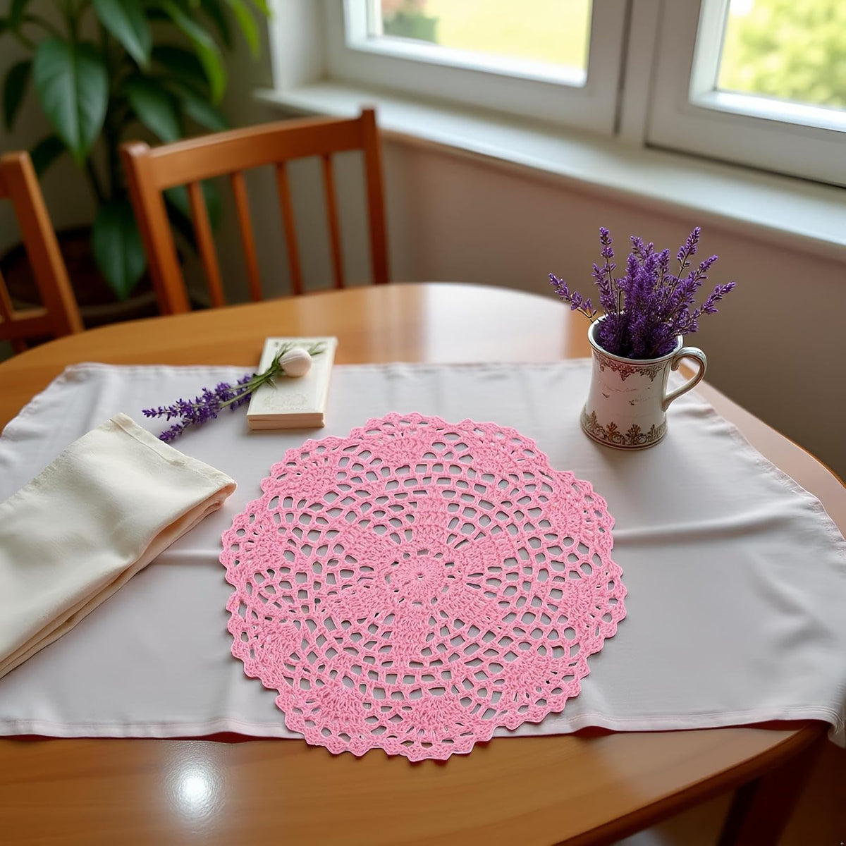Pink Round Lace Doily Placemat Hand Crochet Floral Table Mat Home Accessories Place Mats Kitchen and Table Linens