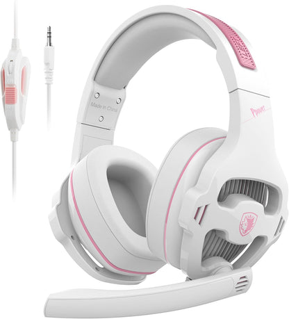 SA726 Stereo Gaming Headset for Xbox One PS4 PS5 Controller, Over Ear Headphone with Mic Noise Cancelling Headset for PC Xbox Series (White Pink)